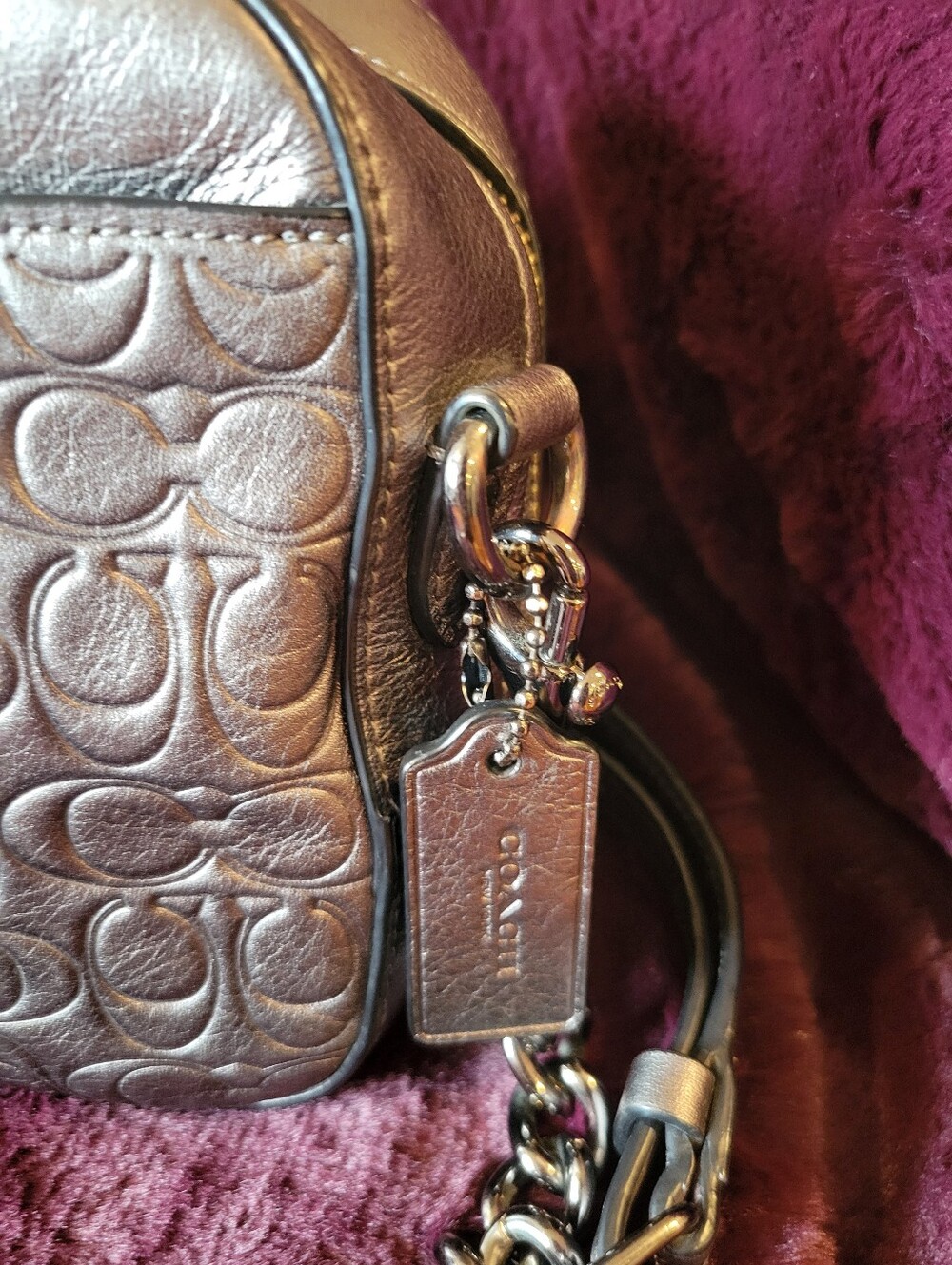 Coach Metallic Gray Embossed Signature Leather Crossbody Bag - Picture 2 of 10